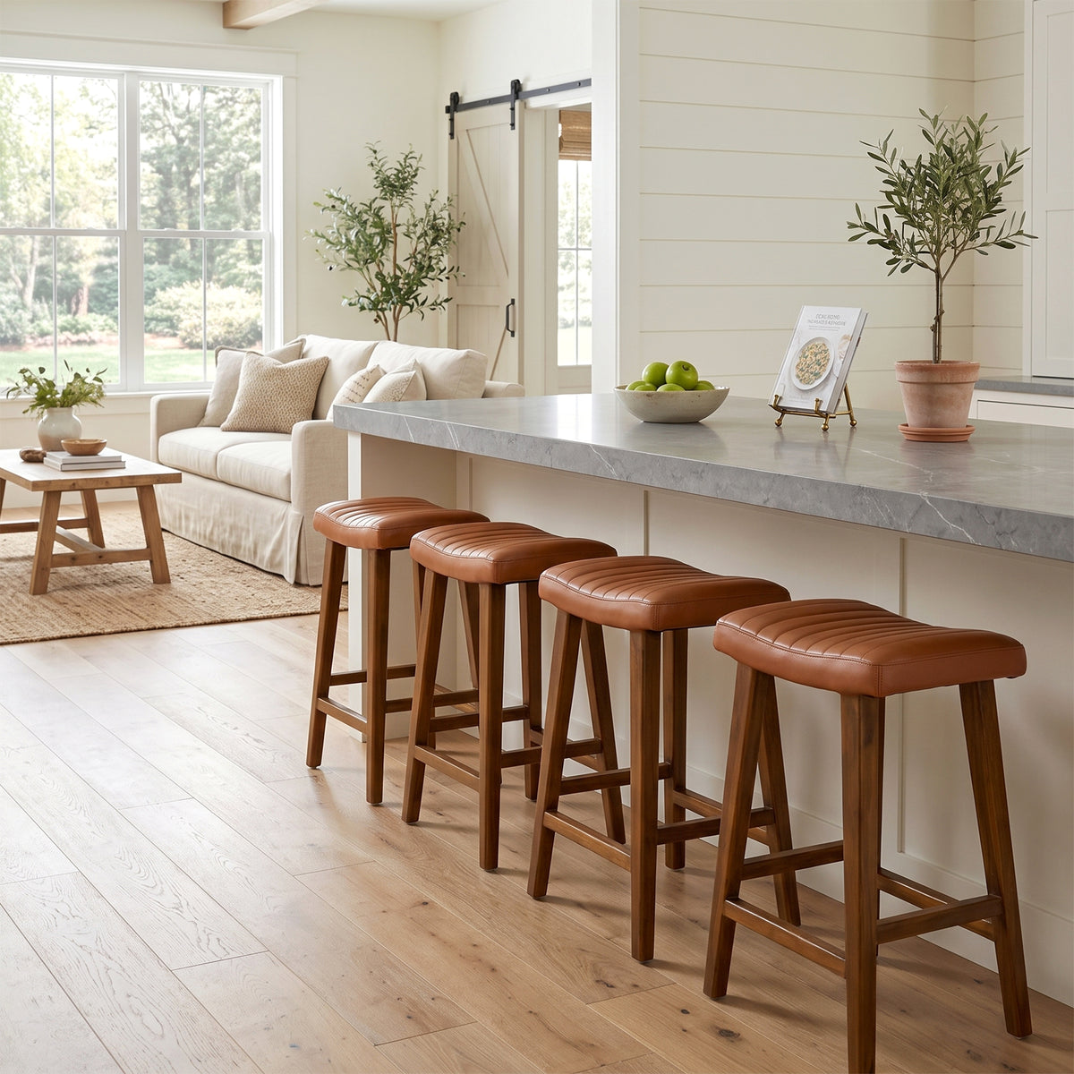 Bonita Brown Backless Leather Seat Counter Stool with Teakwood Frame