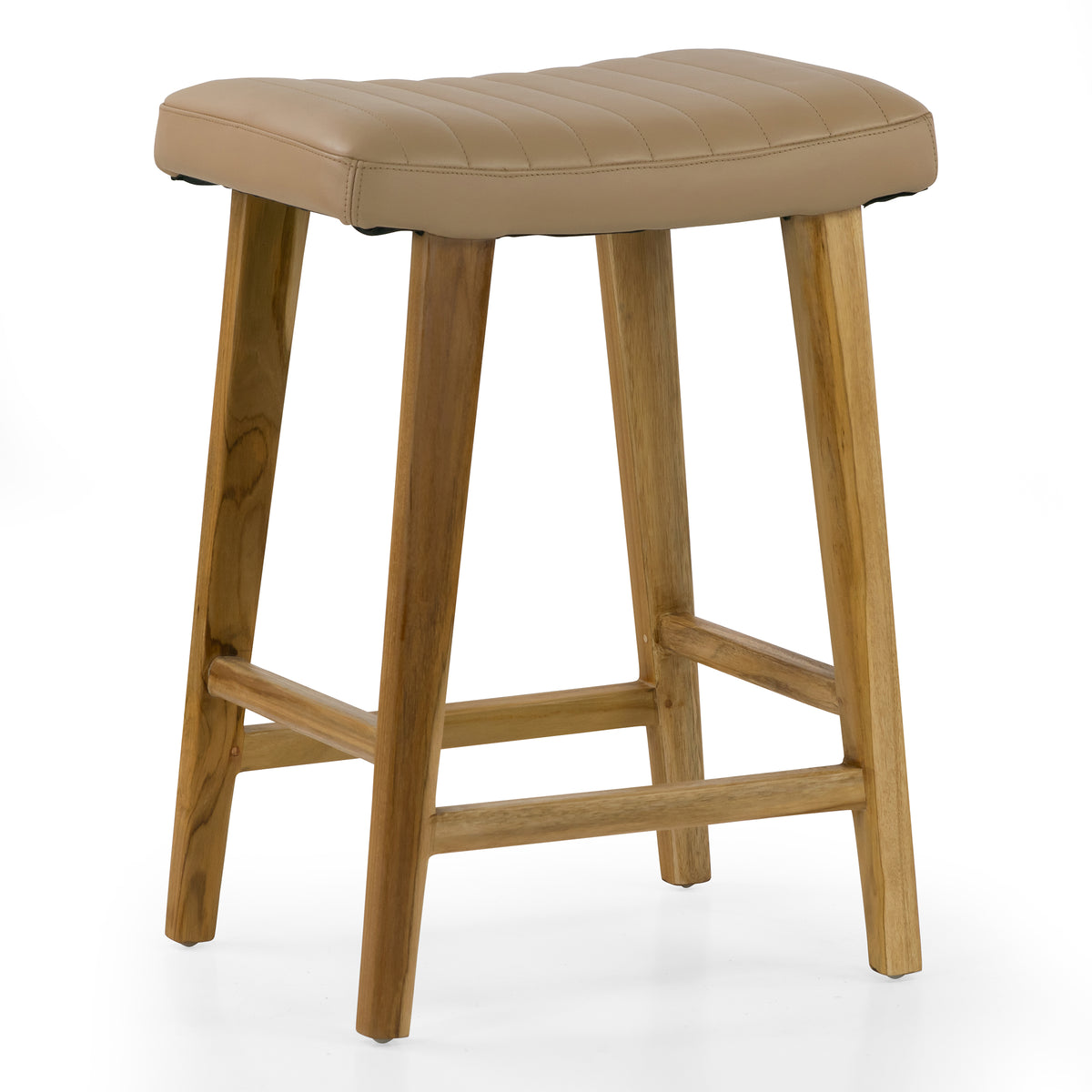 Bonita Beige Backless Leather Seat Counter Stool with Light Teakwood Frame