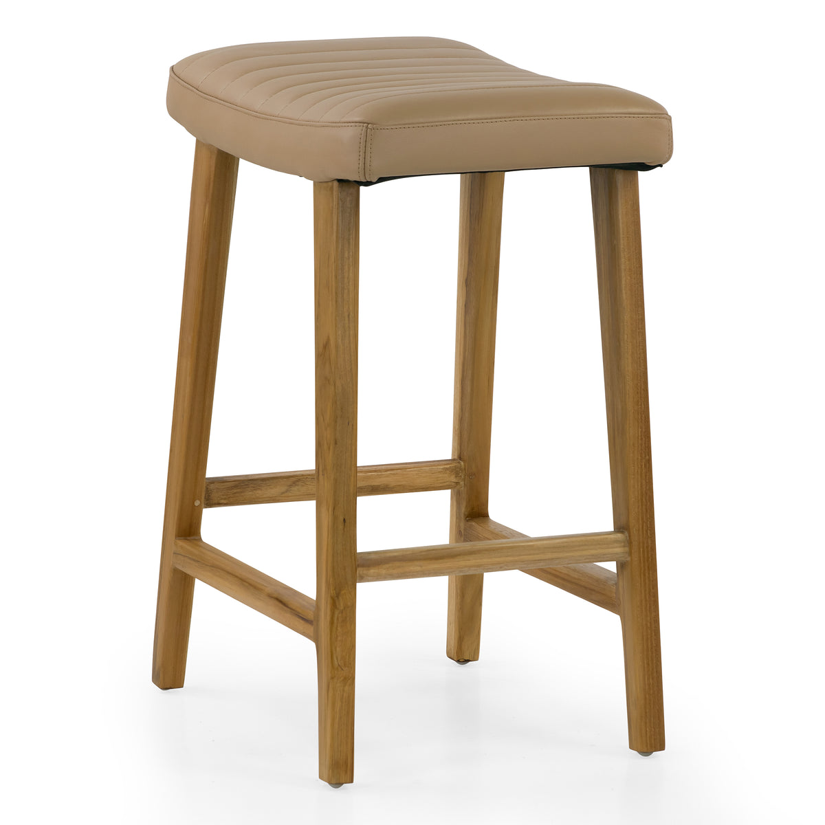 Bonita Beige Backless Leather Seat Counter Stool with Light Teakwood Frame