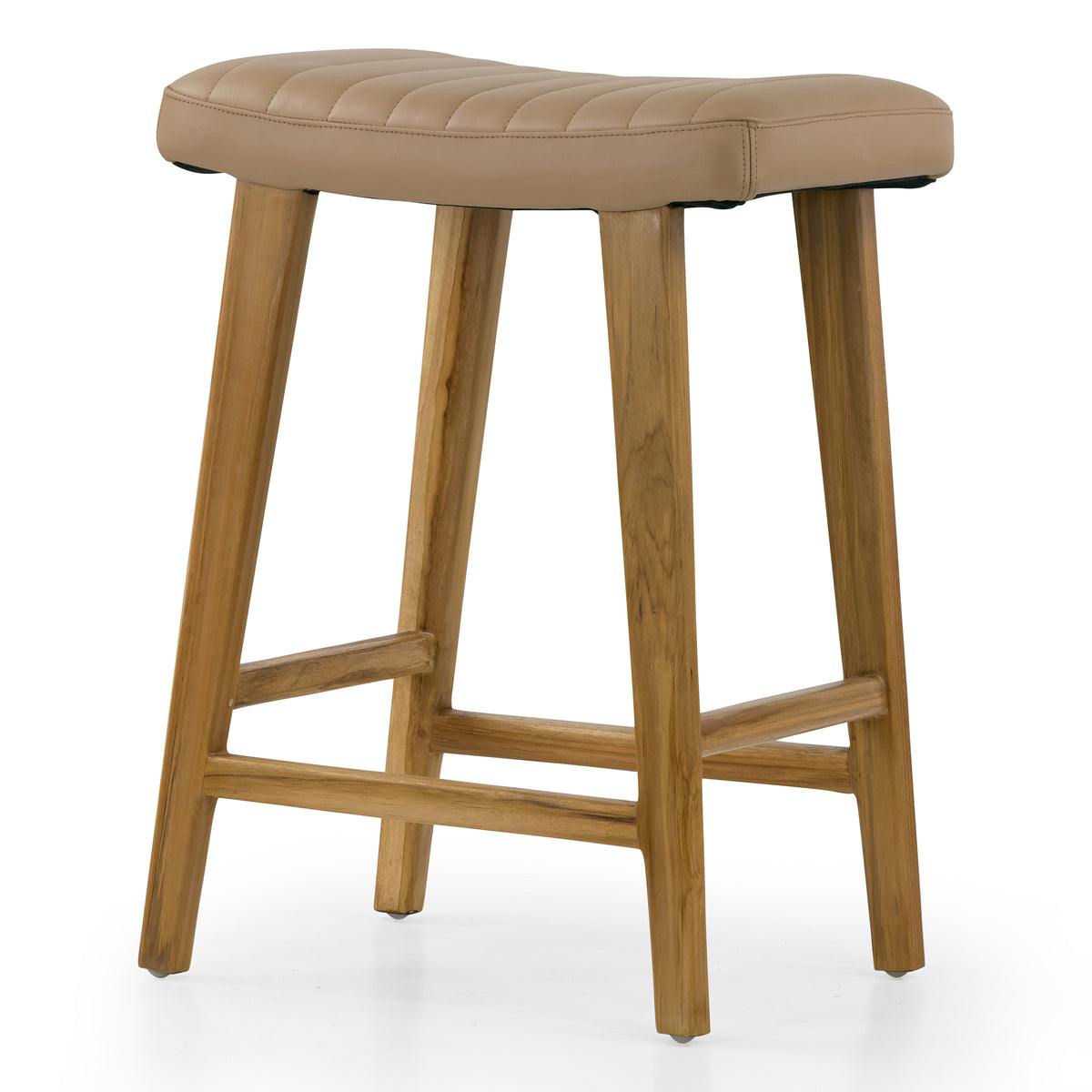 Bonita Beige Backless Leather Seat Counter Stool with Light Teakwood Frame