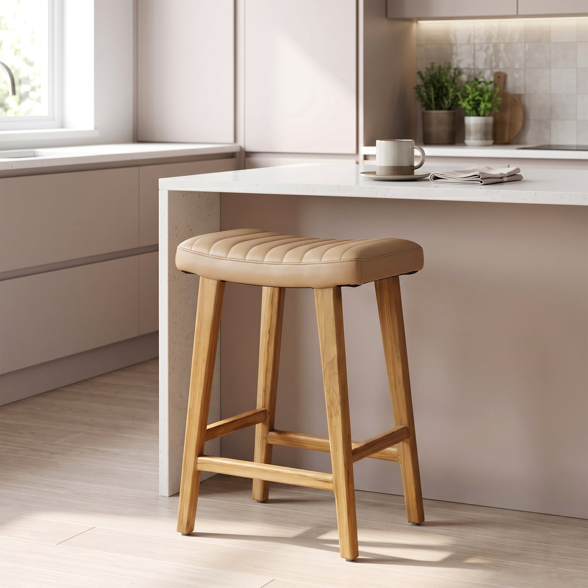 Bonita Beige Backless Leather Seat Counter Stool with Light Teakwood Frame