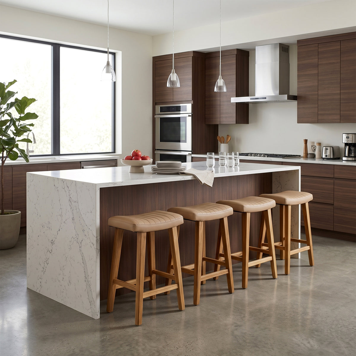 Bonita Beige Backless Leather Seat Counter Stool with Light Teakwood Frame