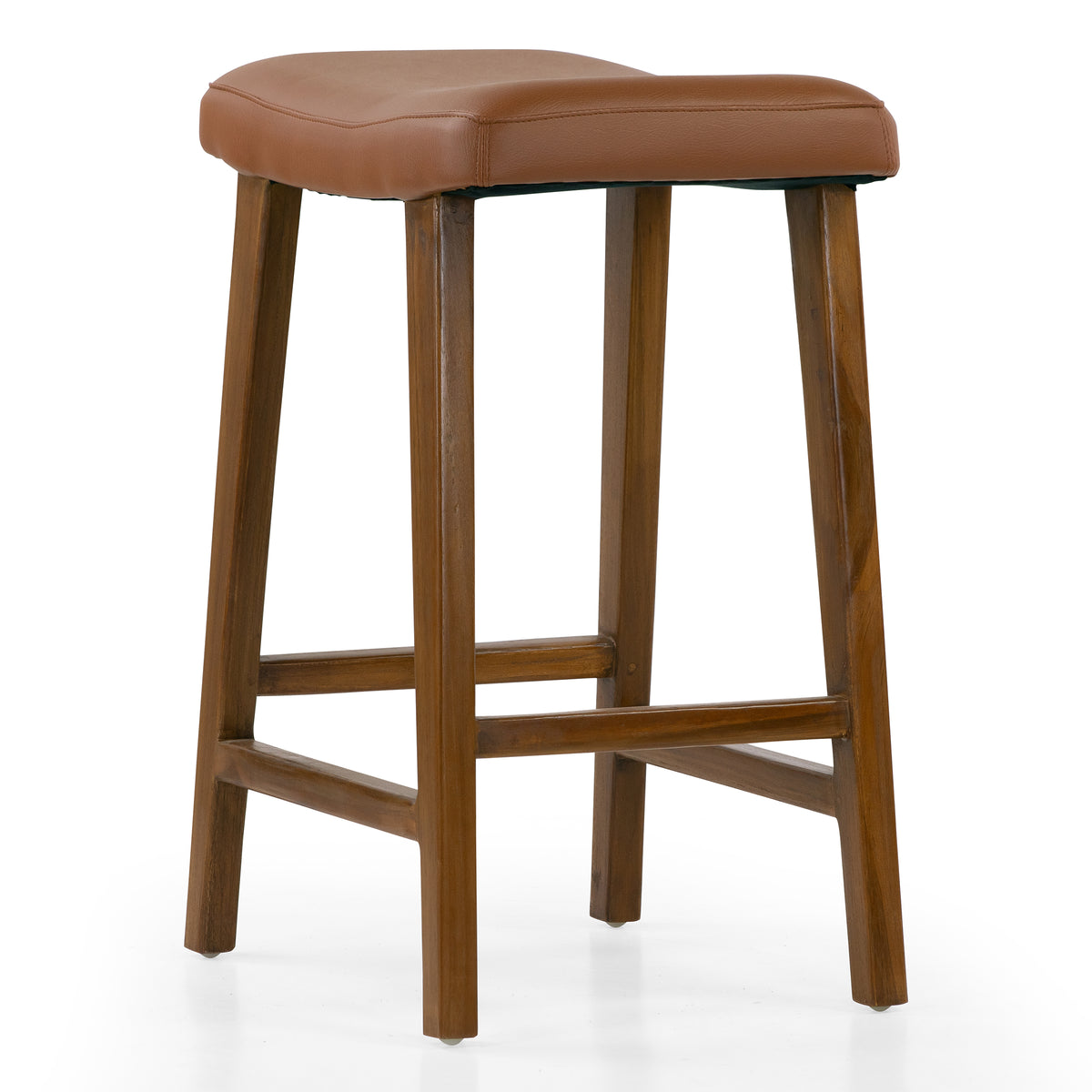 Bonita Brown Backless Faux Leather Upholstered Counter Stool with Teakwood Frame