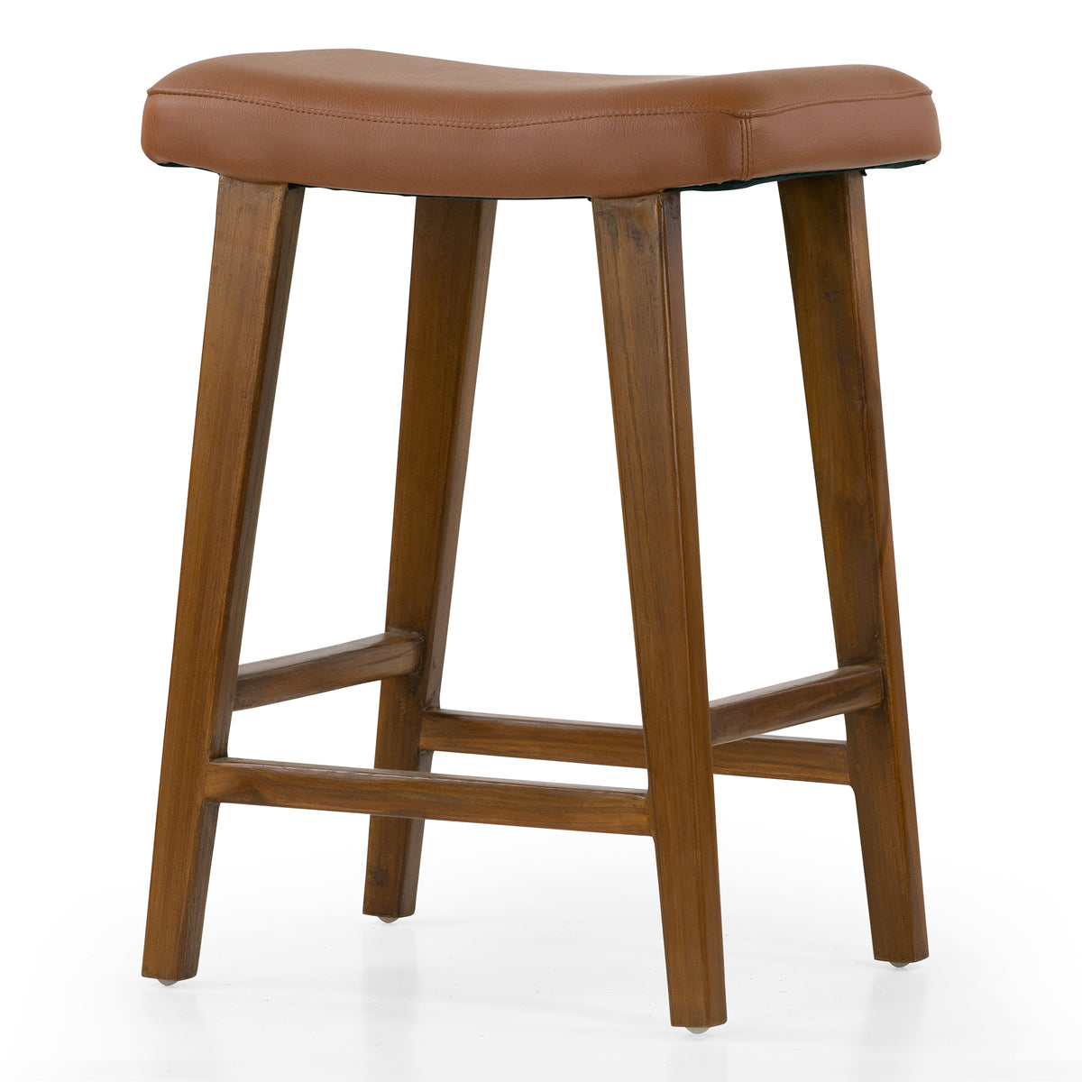 Bonita Brown Backless Faux Leather Upholstered Counter Stool with Teakwood Frame