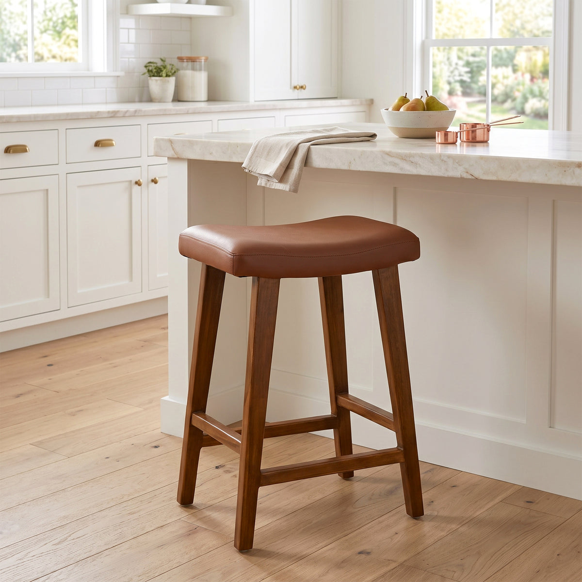 Bonita Brown Backless Faux Leather Upholstered Counter Stool with Teakwood Frame