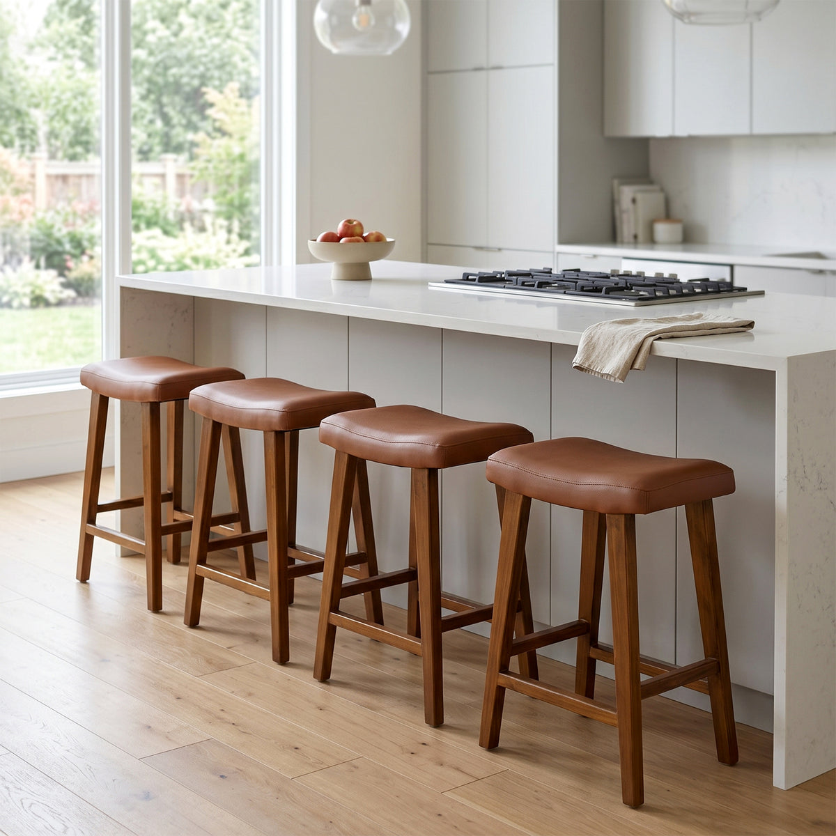 Bonita Brown Backless Faux Leather Upholstered Counter Stool with Teakwood Frame