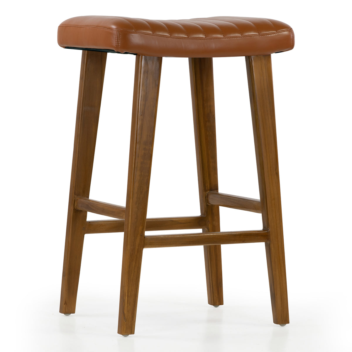 Bonita Brown Backless Leather Seat Barstool with Teakwood Frame