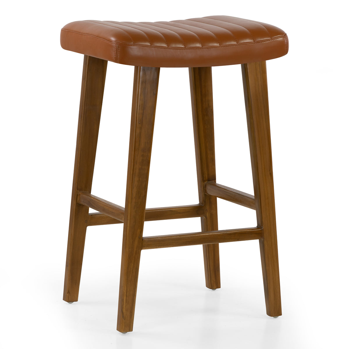 Bonita Brown Backless Leather Seat Barstool with Teakwood Frame