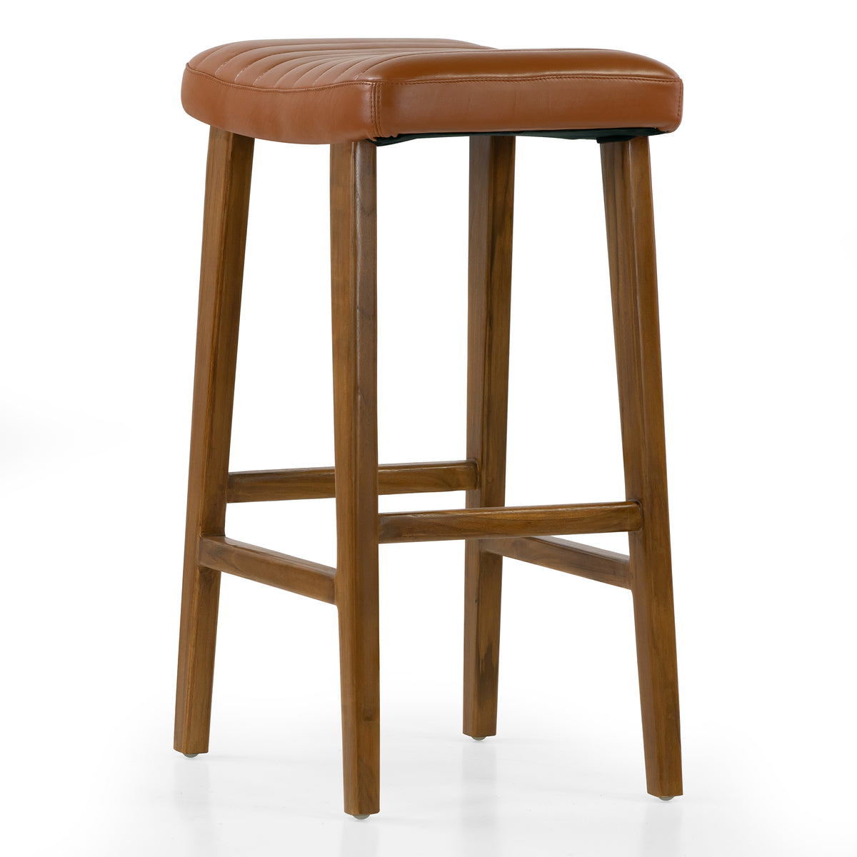 Bonita Brown Backless Leather Seat Barstool with Teakwood Frame