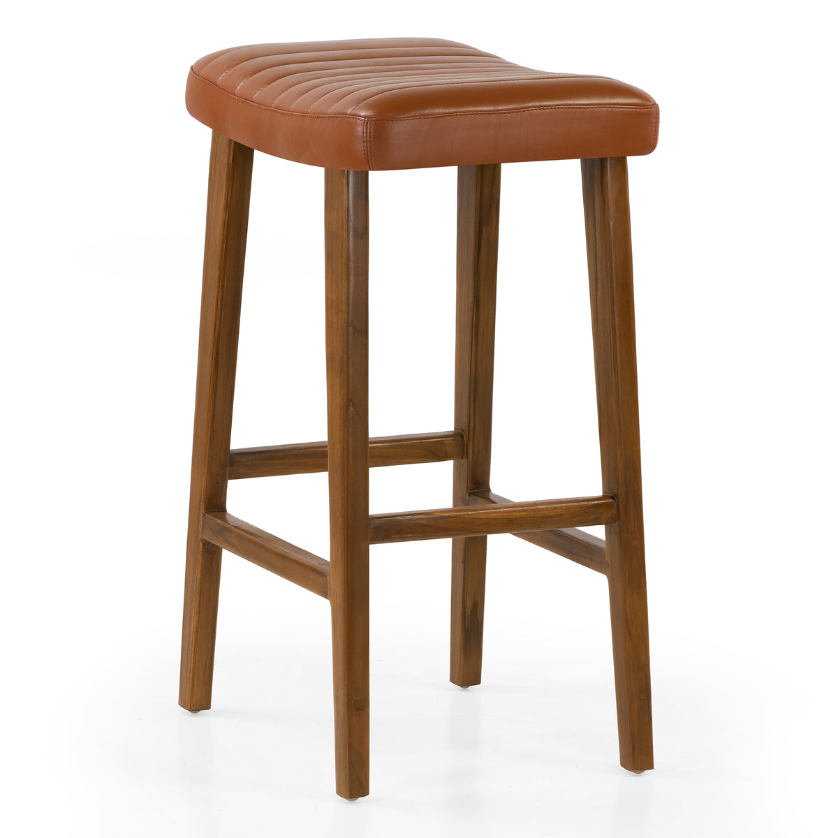 Bonita Brown Backless Leather Seat Barstool with Teakwood Frame