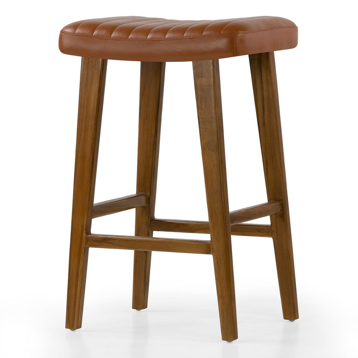 Bonita Brown Backless Leather Seat Barstool with Teakwood Frame