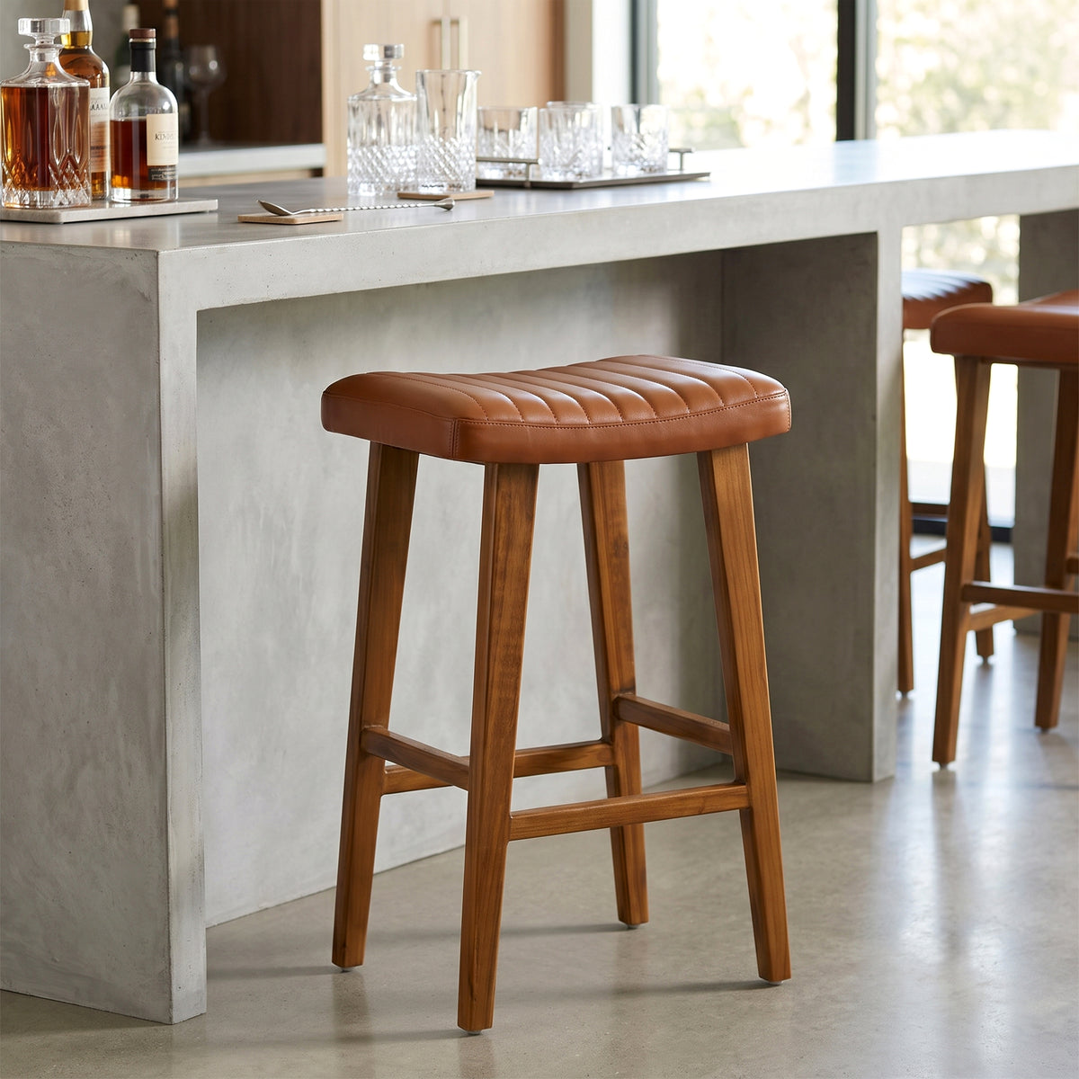 Bonita Brown Backless Leather Seat Barstool with Teakwood Frame