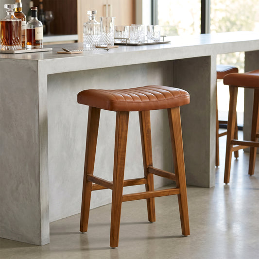 Bonita Brown Backless Leather Seat Barstool with Teakwood Frame