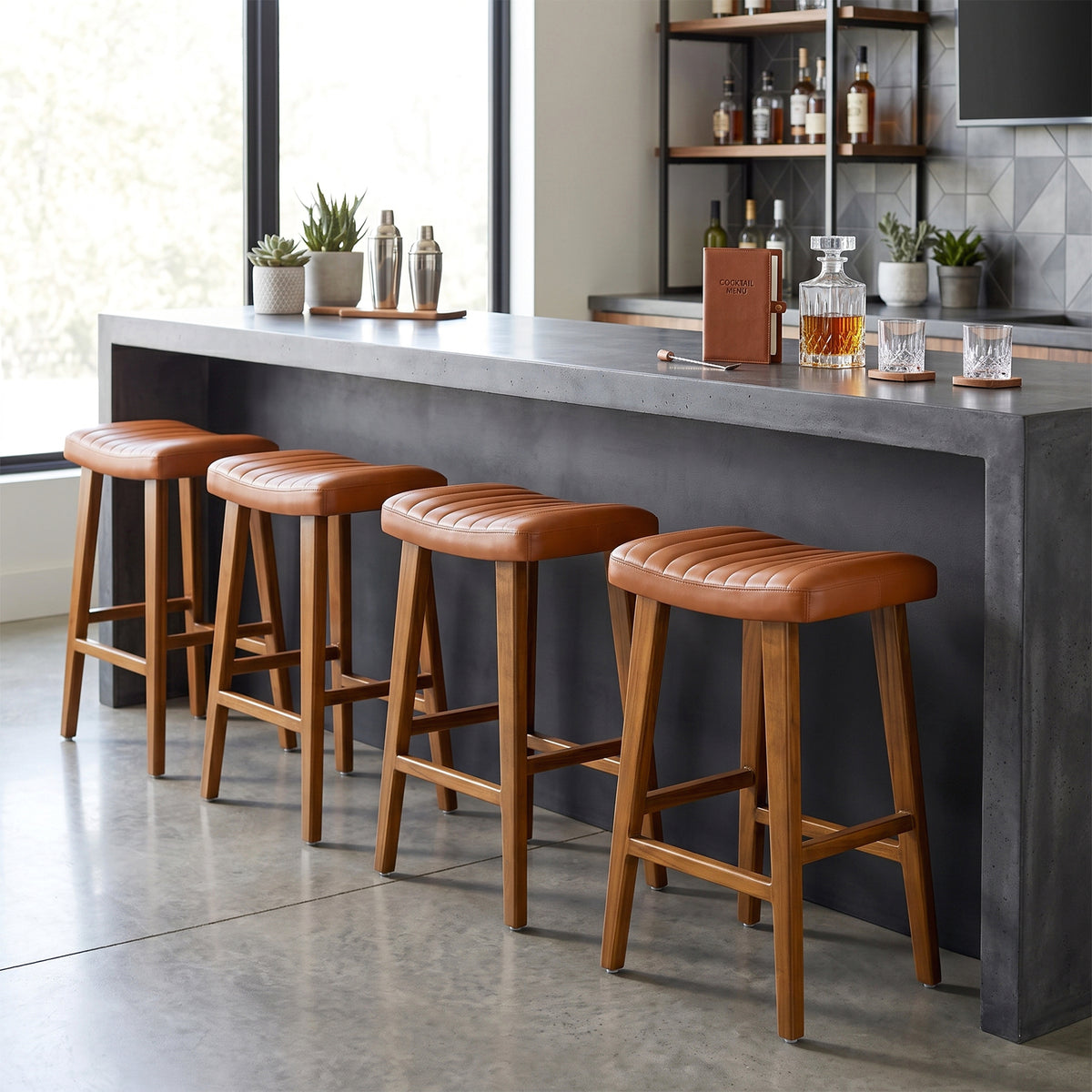 Bonita Brown Backless Leather Seat Barstool with Teakwood Frame