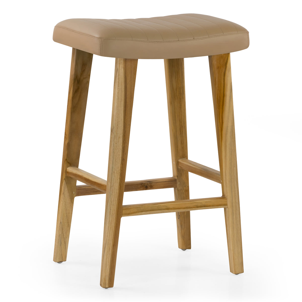 Bonita Beige Backless Leather Seat Barstool with Light Teakwood Frame