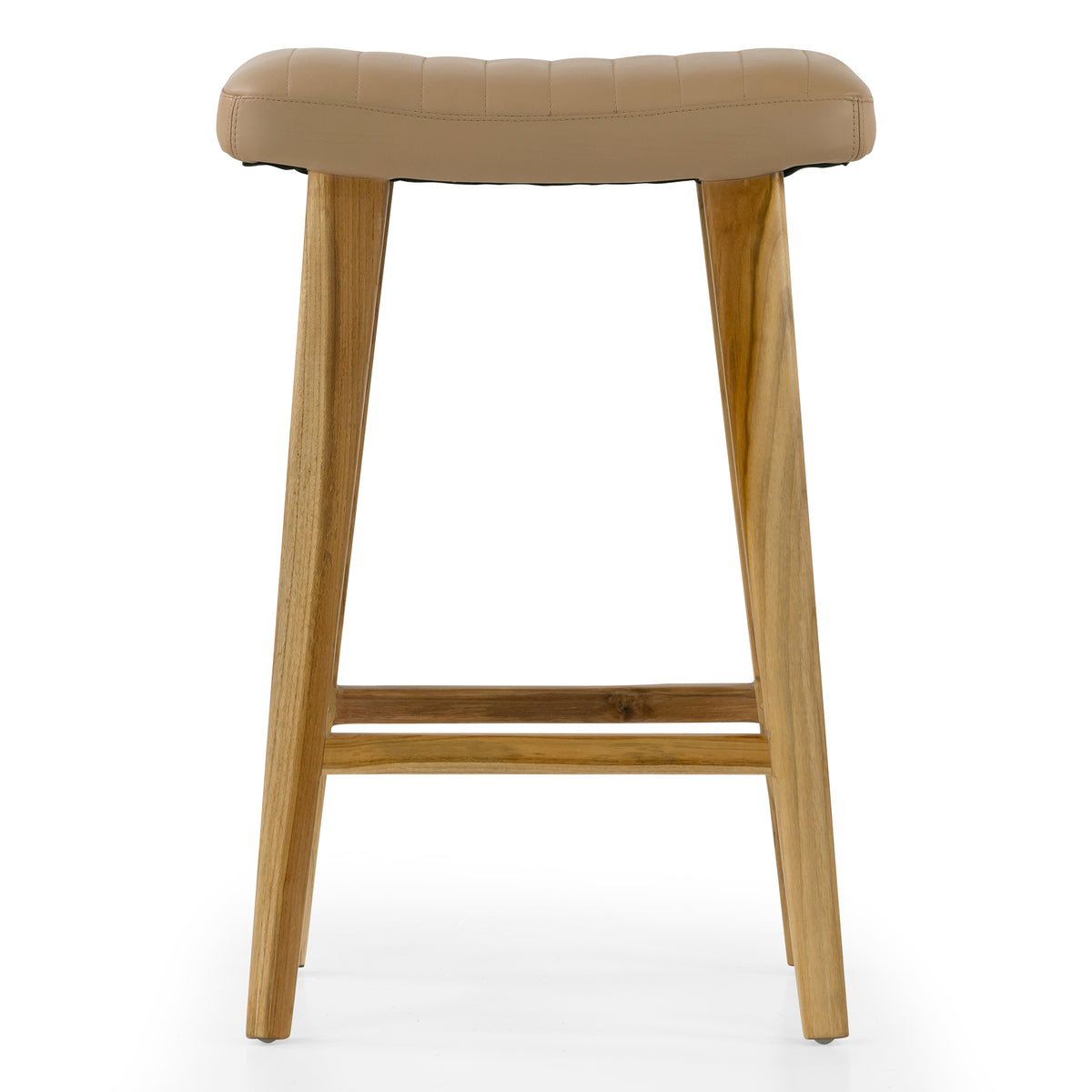Bonita Beige Backless Leather Seat Barstool with Light Teakwood Frame