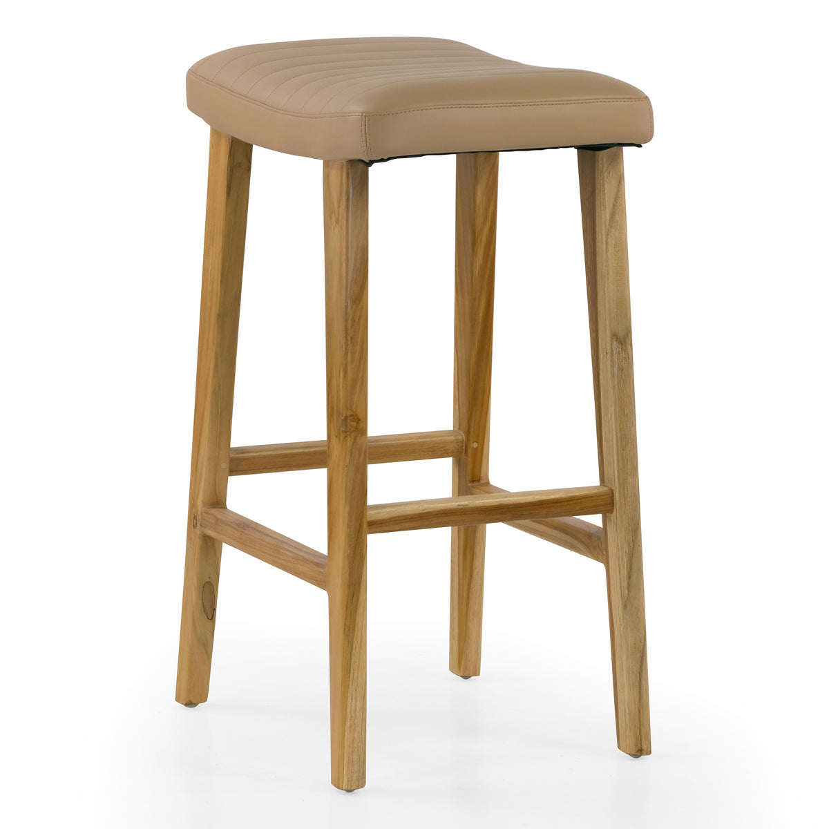 Bonita Beige Backless Leather Seat Barstool with Light Teakwood Frame