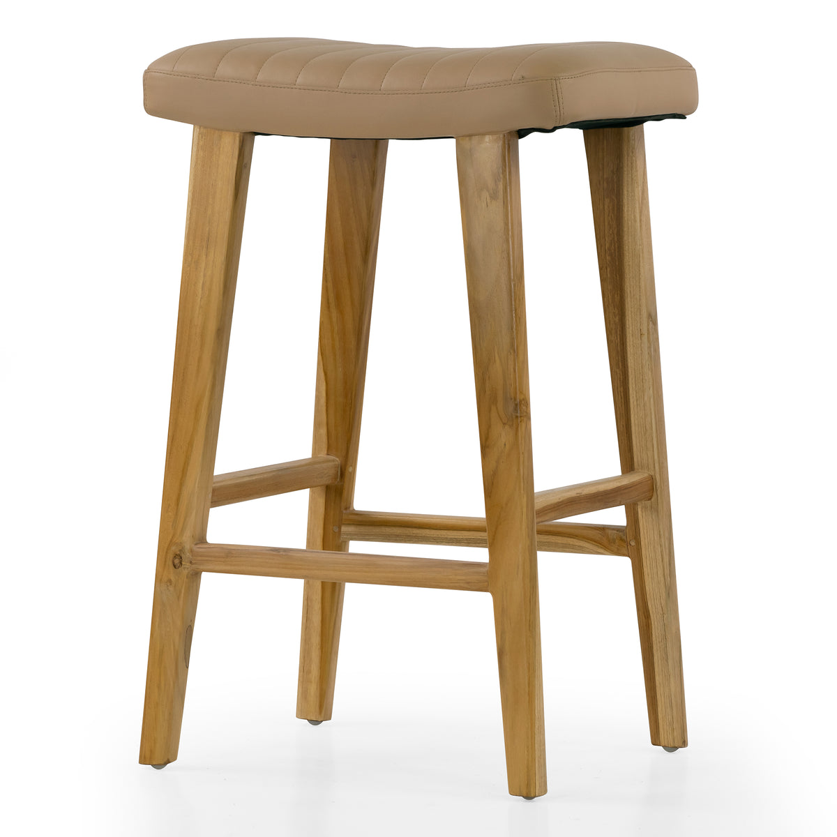 Bonita Beige Backless Leather Seat Barstool with Light Teakwood Frame