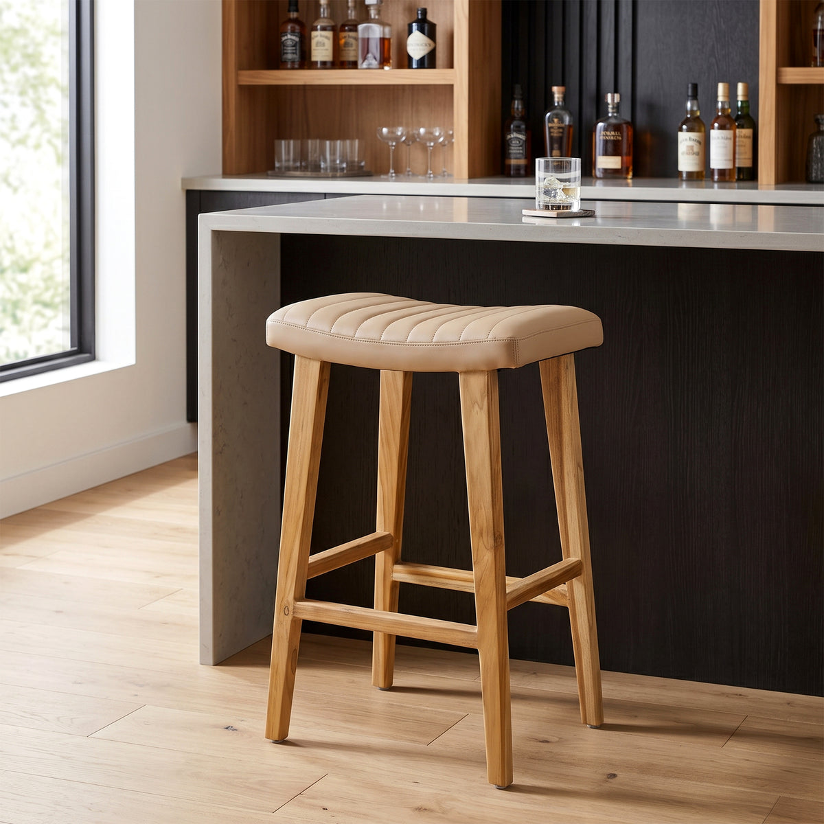 Bonita Beige Backless Leather Seat Barstool with Light Teakwood Frame