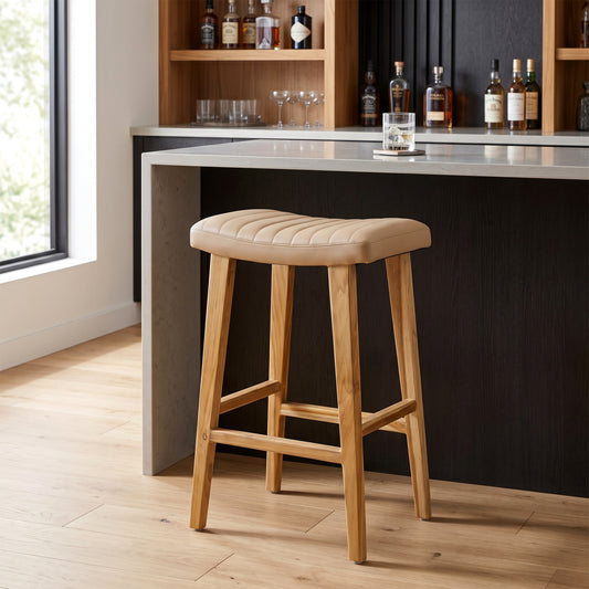 Bonita Beige Backless Leather Seat Barstool with Light Teakwood Frame