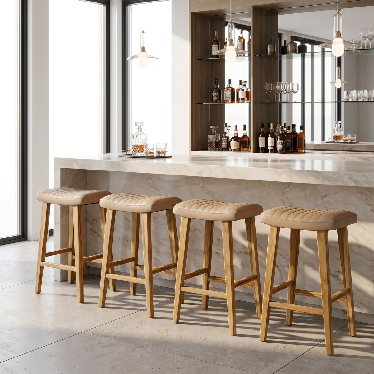 Bonita Beige Backless Leather Seat Barstool with Light Teakwood Frame