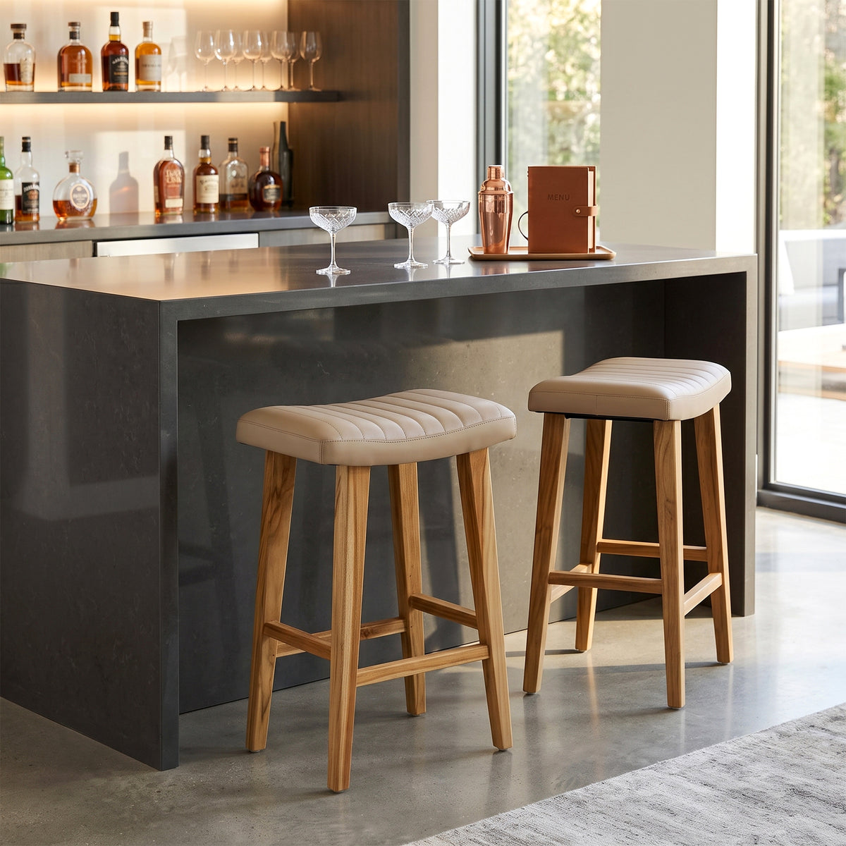Bonita Beige Backless Leather Seat Barstool with Light Teakwood Frame