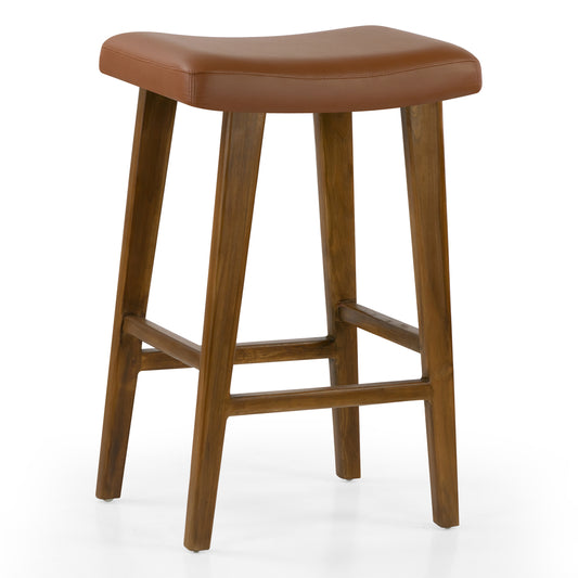 Bonita Brown Backless Faux Leather Upholstered Barstool with Teakwood Frame