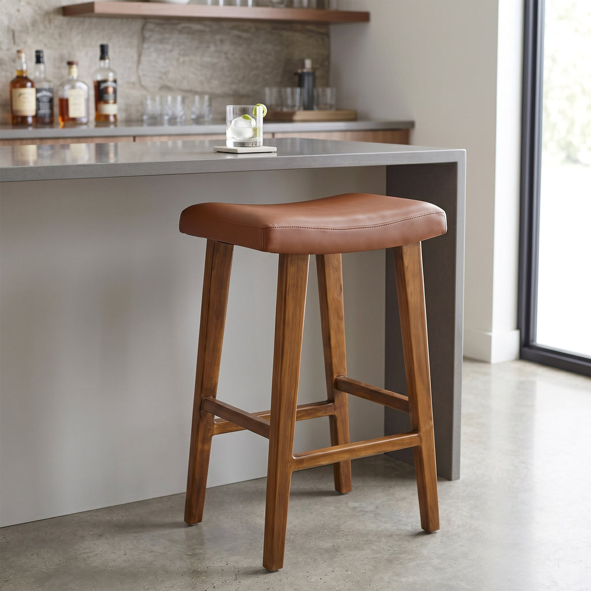 Bonita Brown Backless Faux Leather Upholstered Barstool with Teakwood Frame