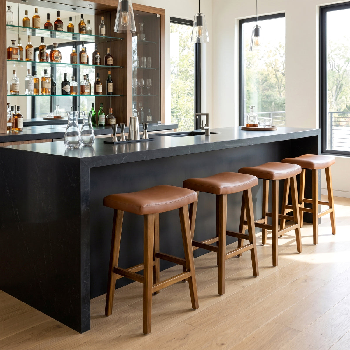 Bonita Brown Backless Faux Leather Upholstered Barstool with Teakwood Frame
