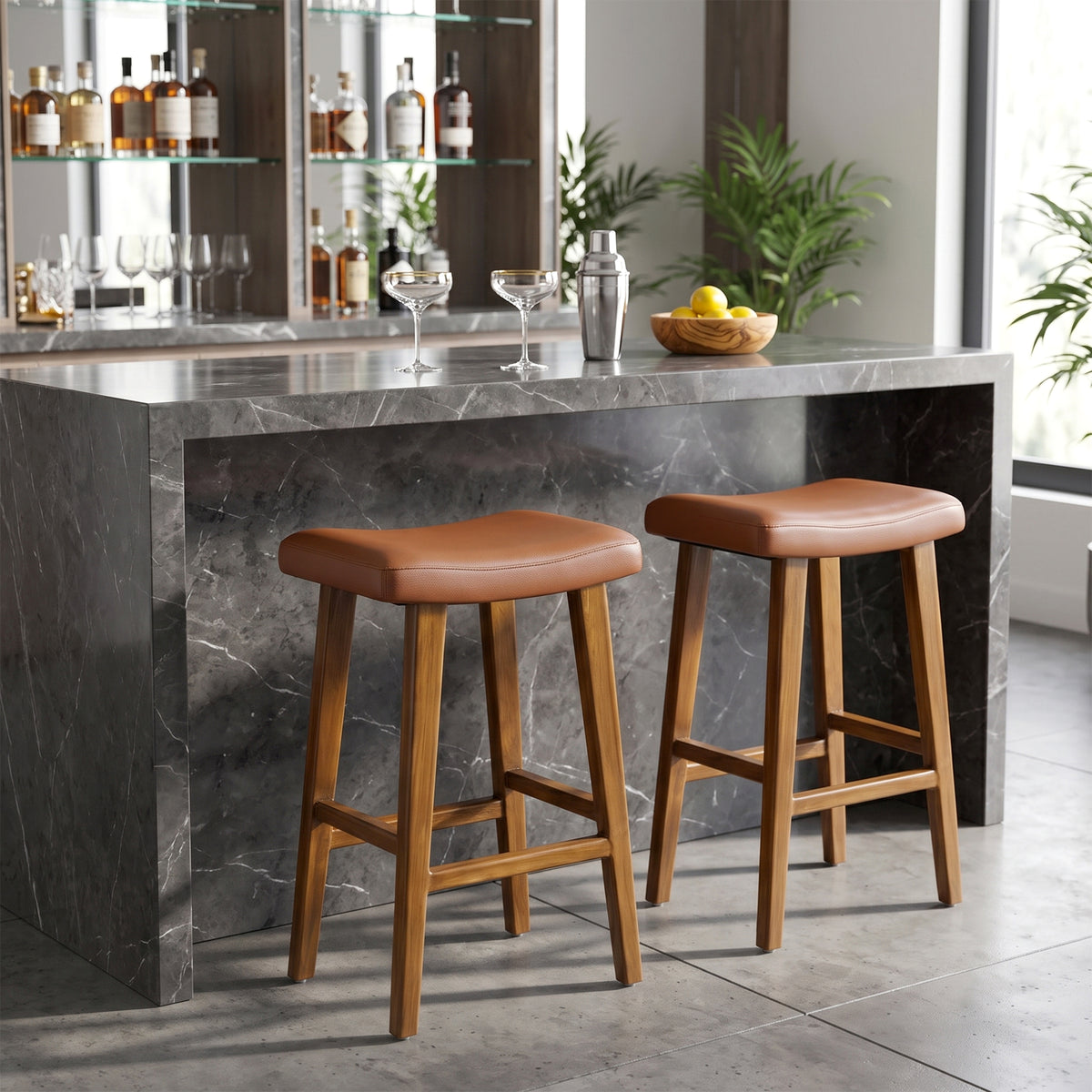 Bonita Brown Backless Faux Leather Upholstered Barstool with Teakwood Frame