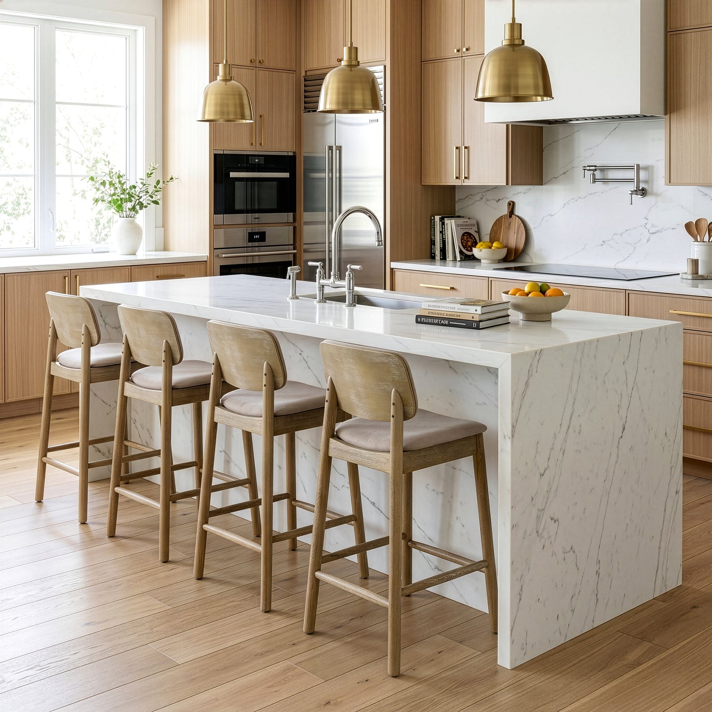 Set of 2 Azura Beige Fabric Counter Stool with Washed Wood Legs