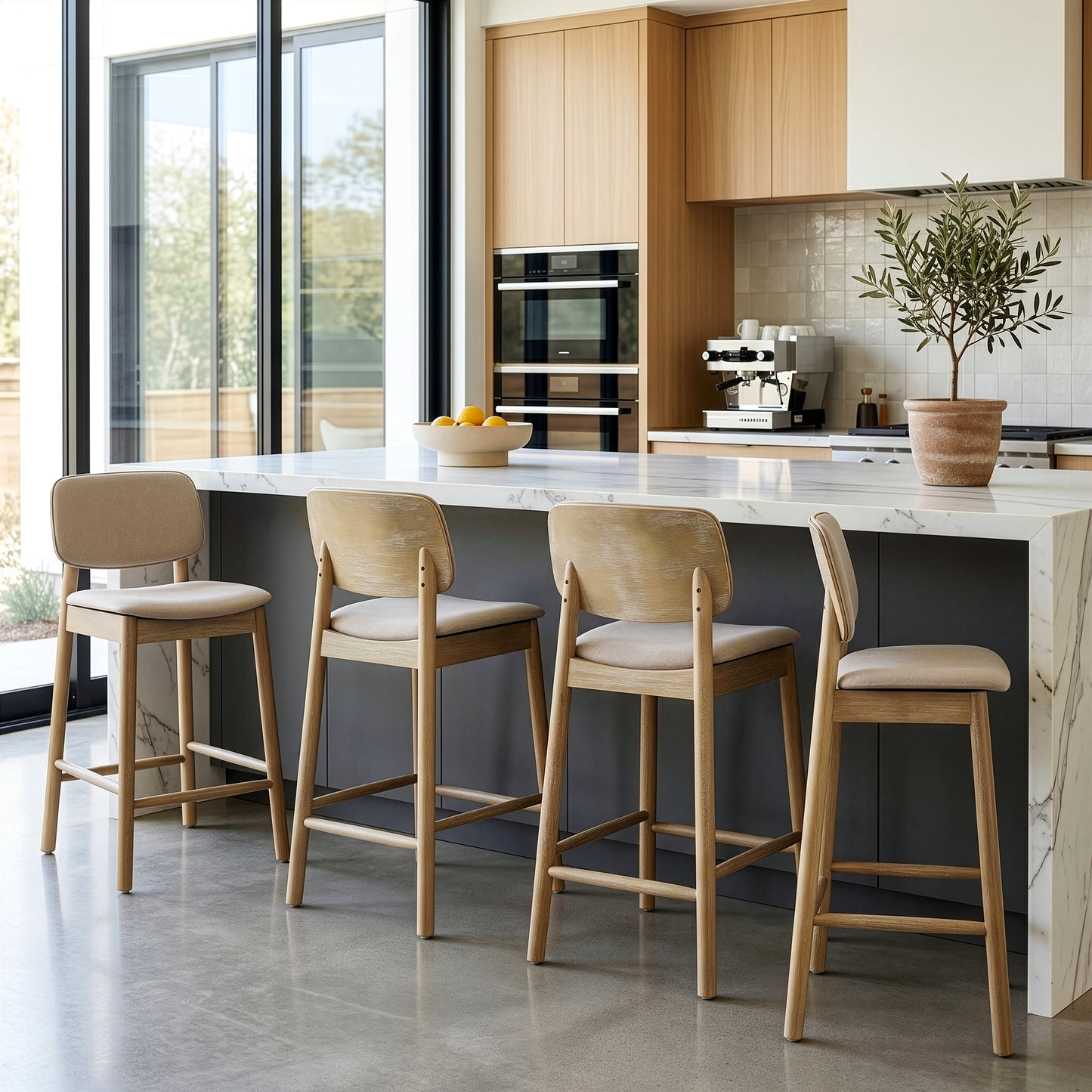 Set of 2 Azura Beige Fabric Counter Stool with Washed Wood Legs