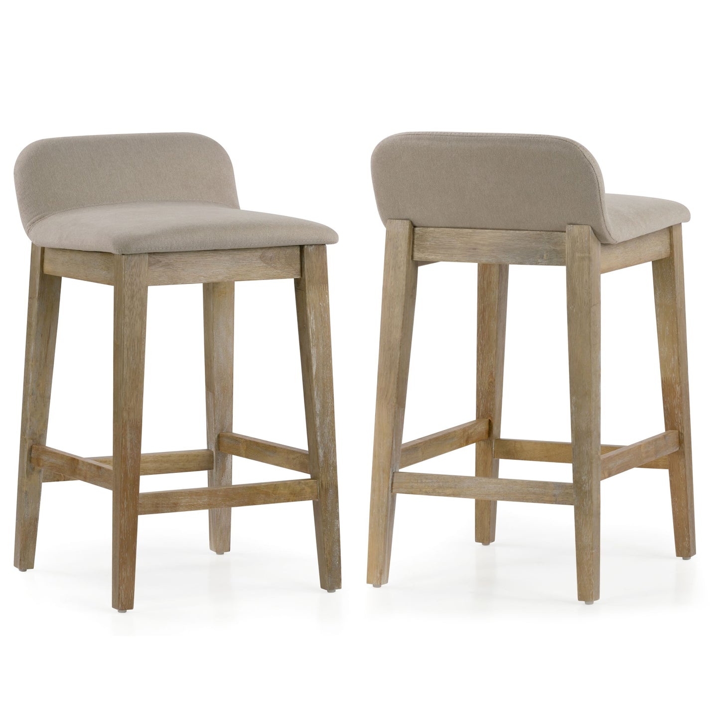 Set of 2 Atia White Washed Wood Counter Stool with Low Back Fabric Seat