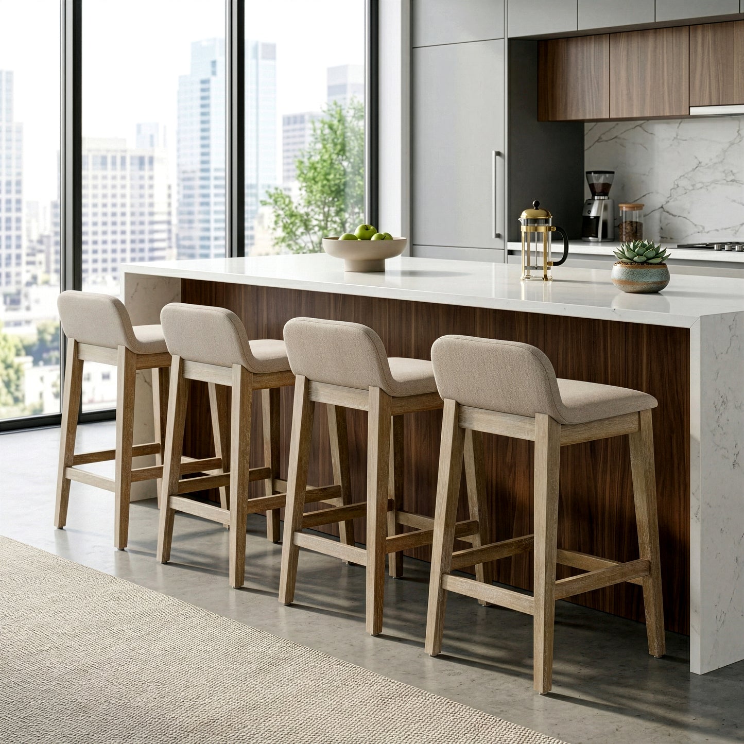Set of 2 Atia White Washed Wood Counter Stool with Low Back Fabric Seat