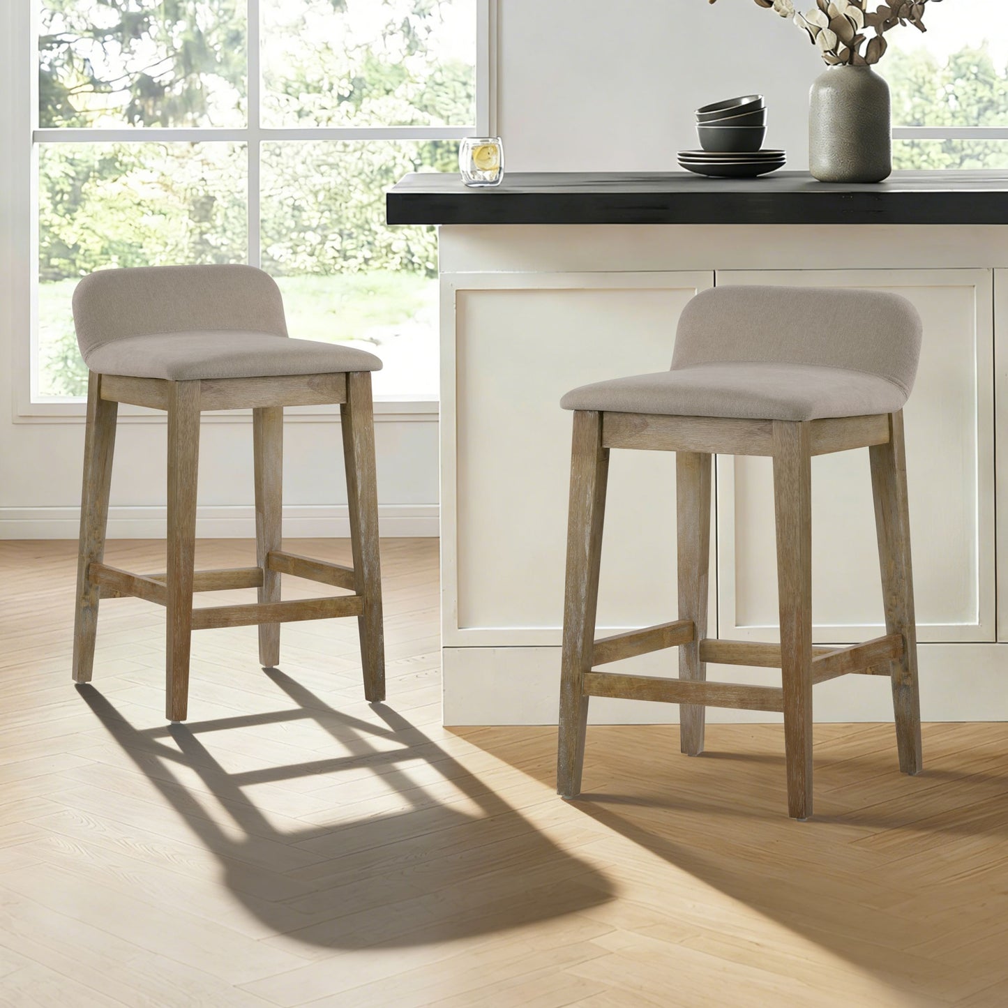 Set of 2 Atia White Washed Wood Counter Stool with Low Back Fabric Seat