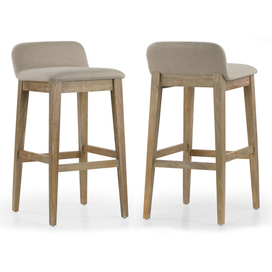 Set of 2 Atia White Washed Wood  Bar Height Bar Stool with Low Back Fabric Seat