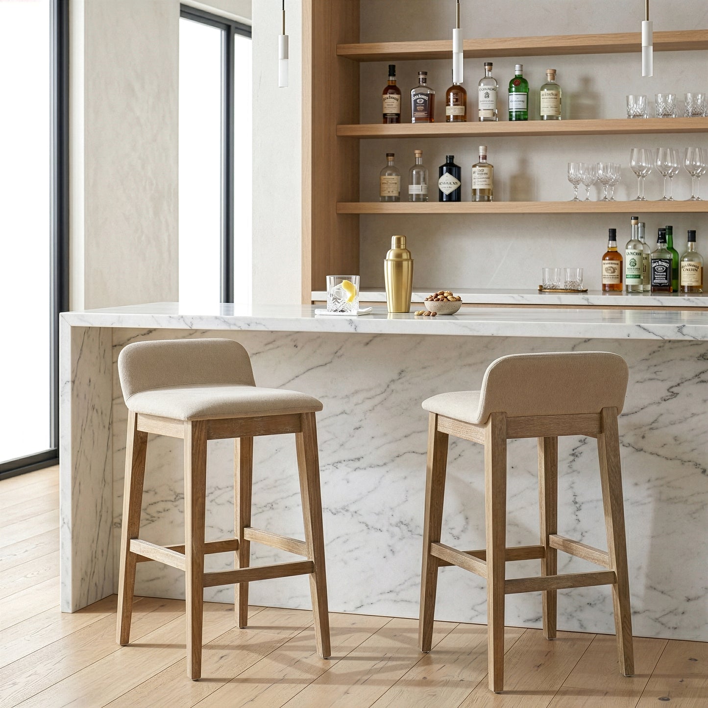 Set of 2 Atia White Washed Wood  Bar Height Bar Stool with Low Back Fabric Seat