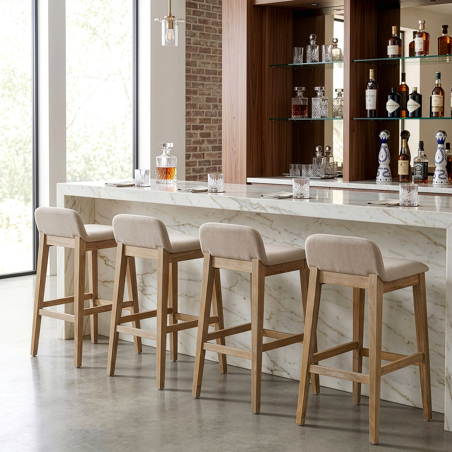 Set of 2 Atia White Washed Wood  Bar Height Bar Stool with Low Back Fabric Seat