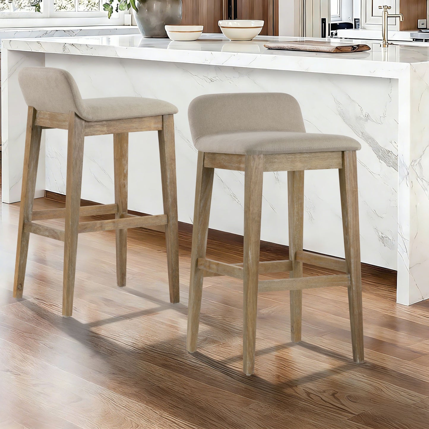 Set of 2 Atia White Washed Wood  Bar Height Bar Stool with Low Back Fabric Seat