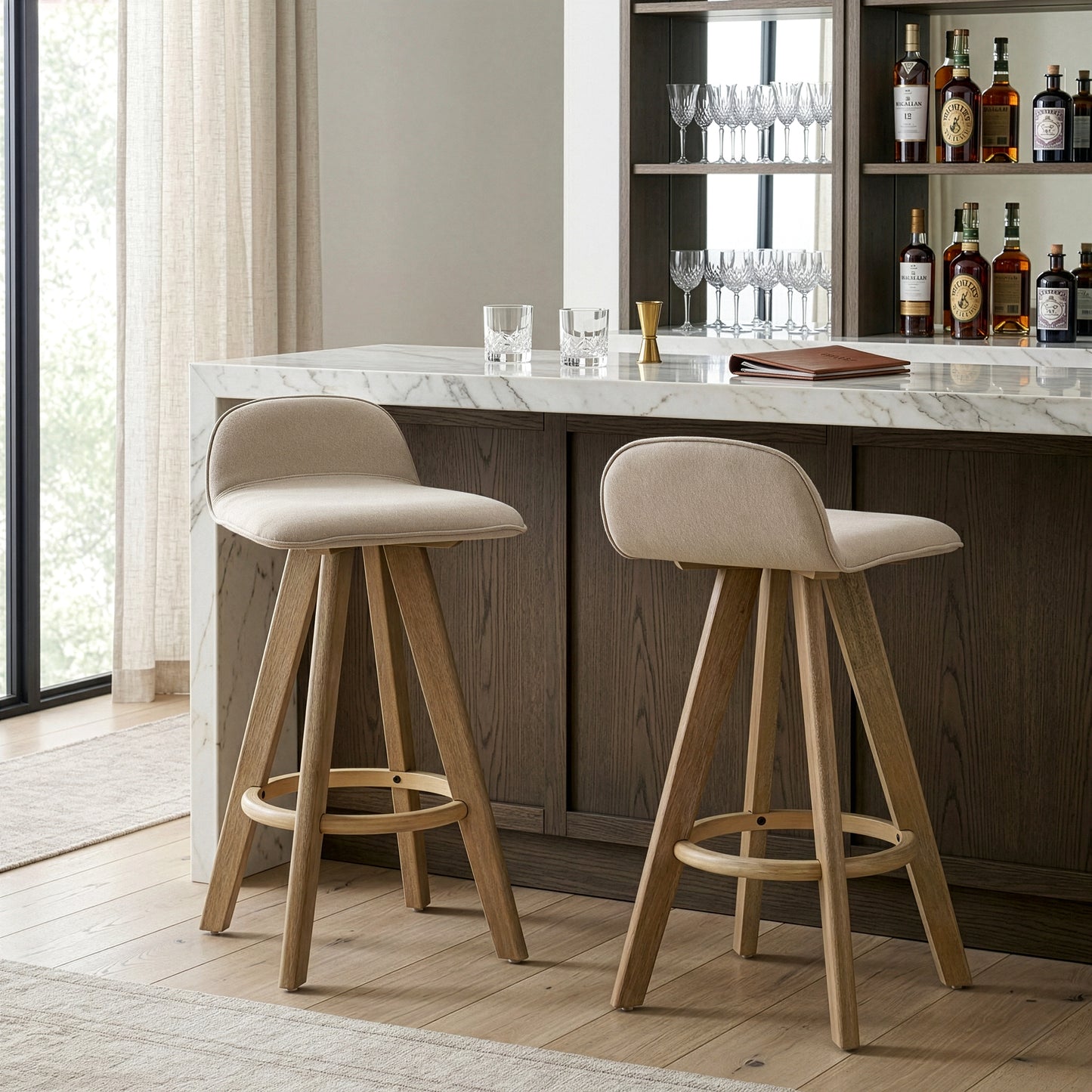 Set of 2 Asta Dark Washed Wood Bar Stool with Low Back Fabric Seat