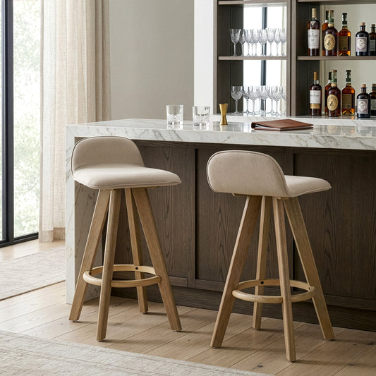 Set of 2 Asta Dark Washed Wood Bar Stool with Low Back Fabric Seat