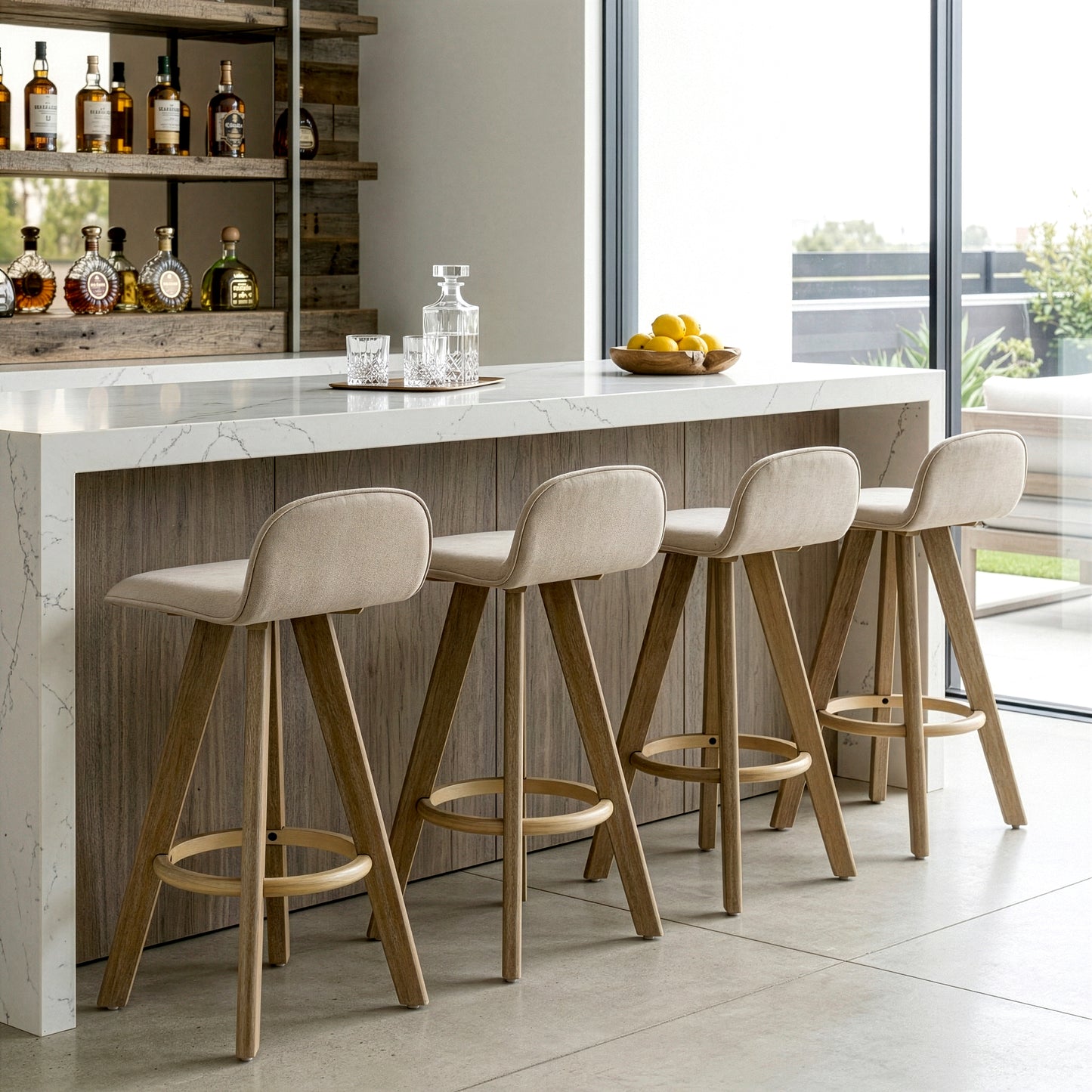 Set of 2 Asta Dark Washed Wood Bar Stool with Low Back Fabric Seat