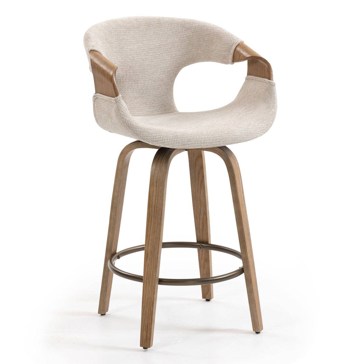Baylor Beige Fabric Counter Stool with Washed Wooden Legs