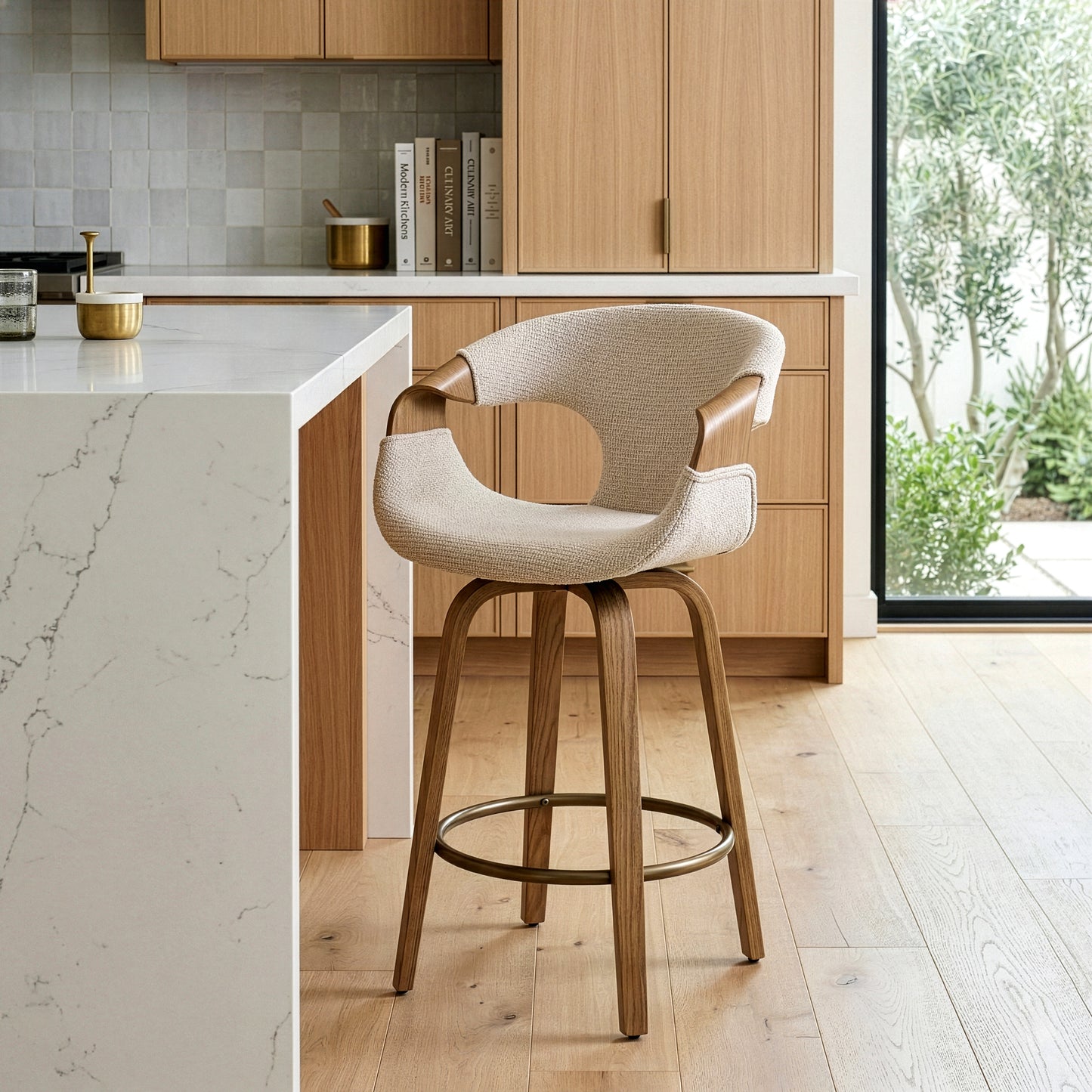 Baylor Beige Fabric Counter Stool with Washed Wooden Legs