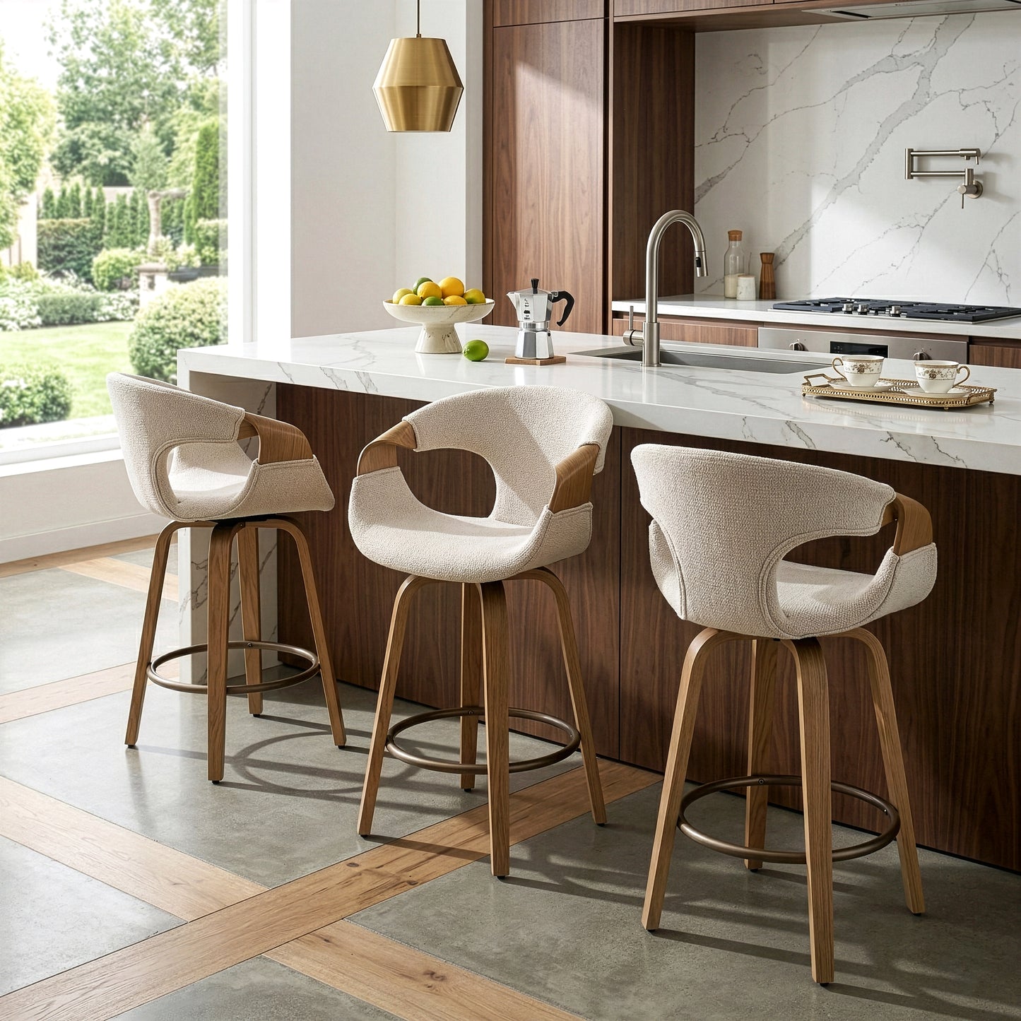 Baylor Beige Fabric Counter Stool with Washed Wooden Legs