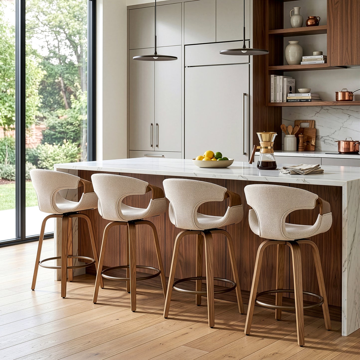 Baylor Beige Fabric Counter Stool with Washed Wooden Legs