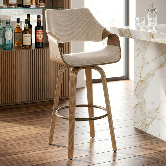 Beasley Beige Fabric Bar Stool with White Washed Wood Legs