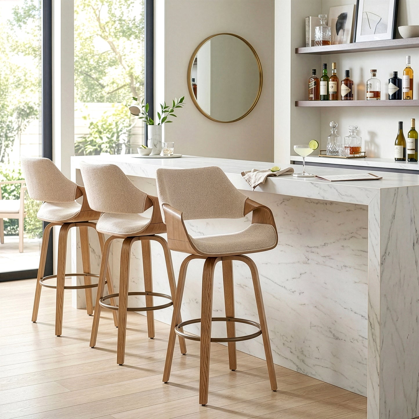Beasley Beige Fabric Bar Stool with White Washed Wood Legs