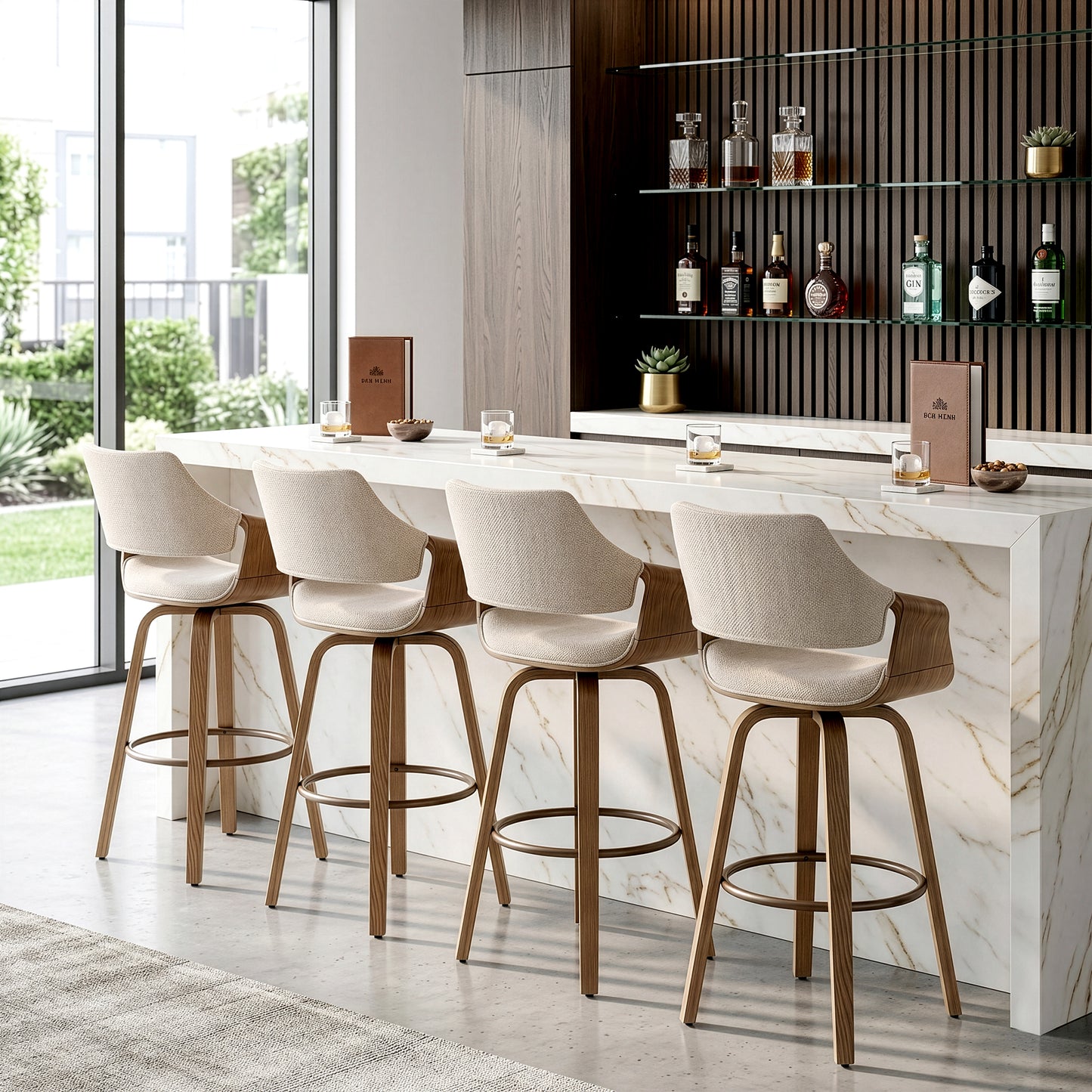 Beasley Beige Fabric Bar Stool with White Washed Wood Legs