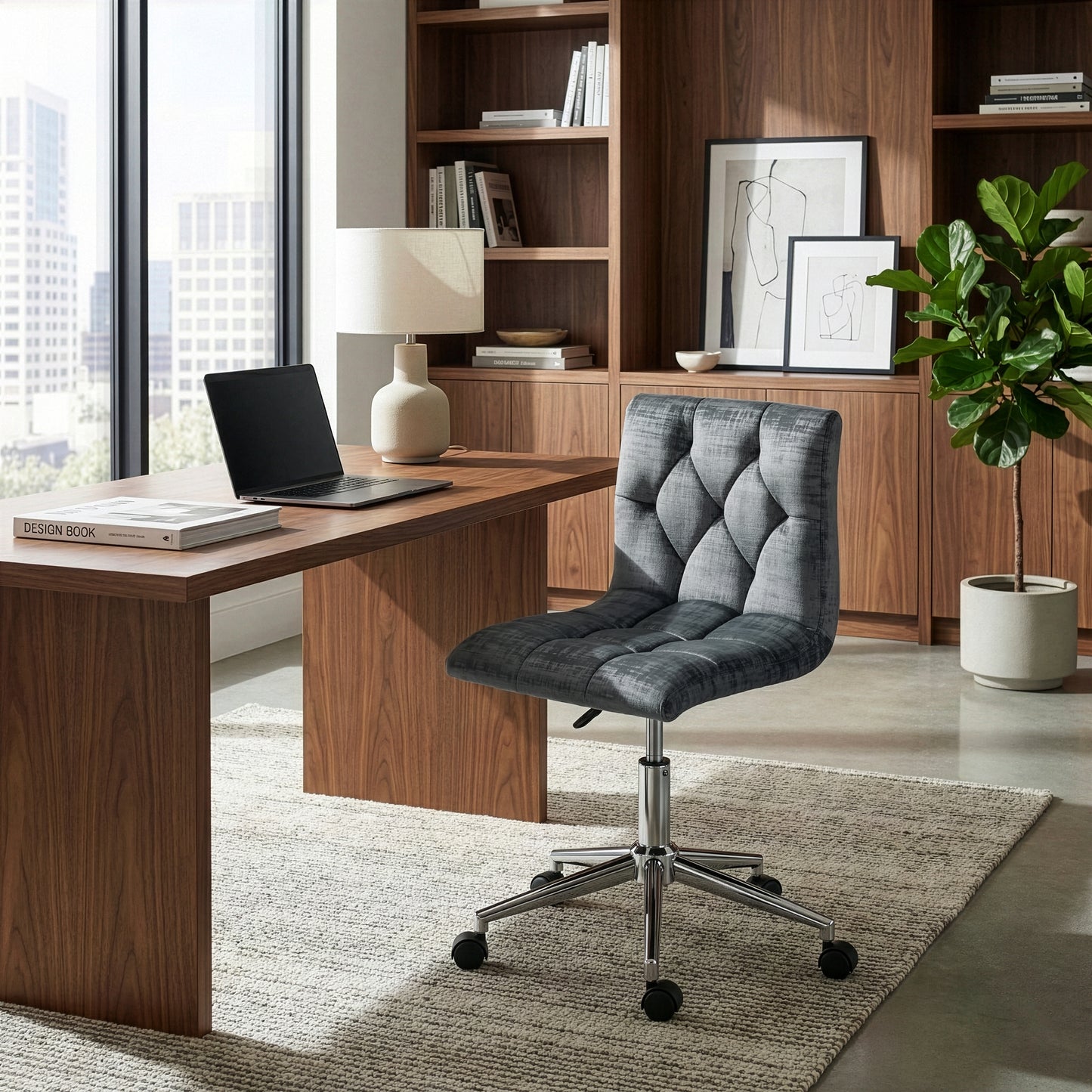 Amali Grey Velvet Upholstered Adjustable Height Swivel Office Chair with Wheel Base